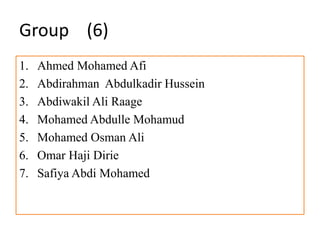 Group (6)
1. Ahmed Mohamed Afi
2. Abdirahman Abdulkadir Hussein
3. Abdiwakil Ali Raage
4. Mohamed Abdulle Mohamud
5. Mohamed Osman Ali
6. Omar Haji Dirie
7. Safiya Abdi Mohamed
 