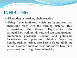 INHIBITING
 -Disrupting or breaking chain reaction
 -Using flame inhibitors which are substances that
chemically react with the burning material, thus
extinguishing the flames. Dry-chemical fire
extinguishers work in this way, and can contain mono-
ammonium phosphate, sodium and potassium
bicarbonate and potassium chloride. Vaporizing
liquids, such as Halon, also have a flame inhibiting
action. However, most of these substances have been
phased out due to high levels of toxicity.
 