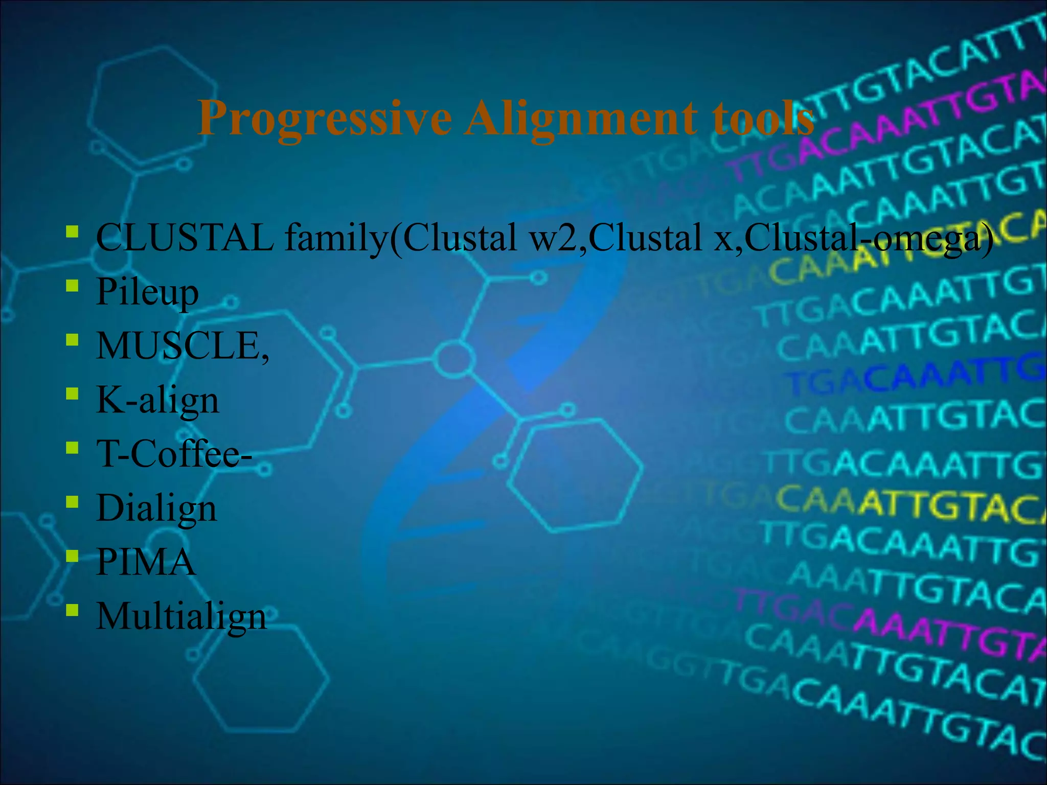 Progressive Alignment tools
 CLUSTAL family(Clustal w2,Clustal x,Clustal-omega)
 Pileup
 MUSCLE,
 K-align
 T-Coffee-
 Dialign
 PIMA
 Multialign
 