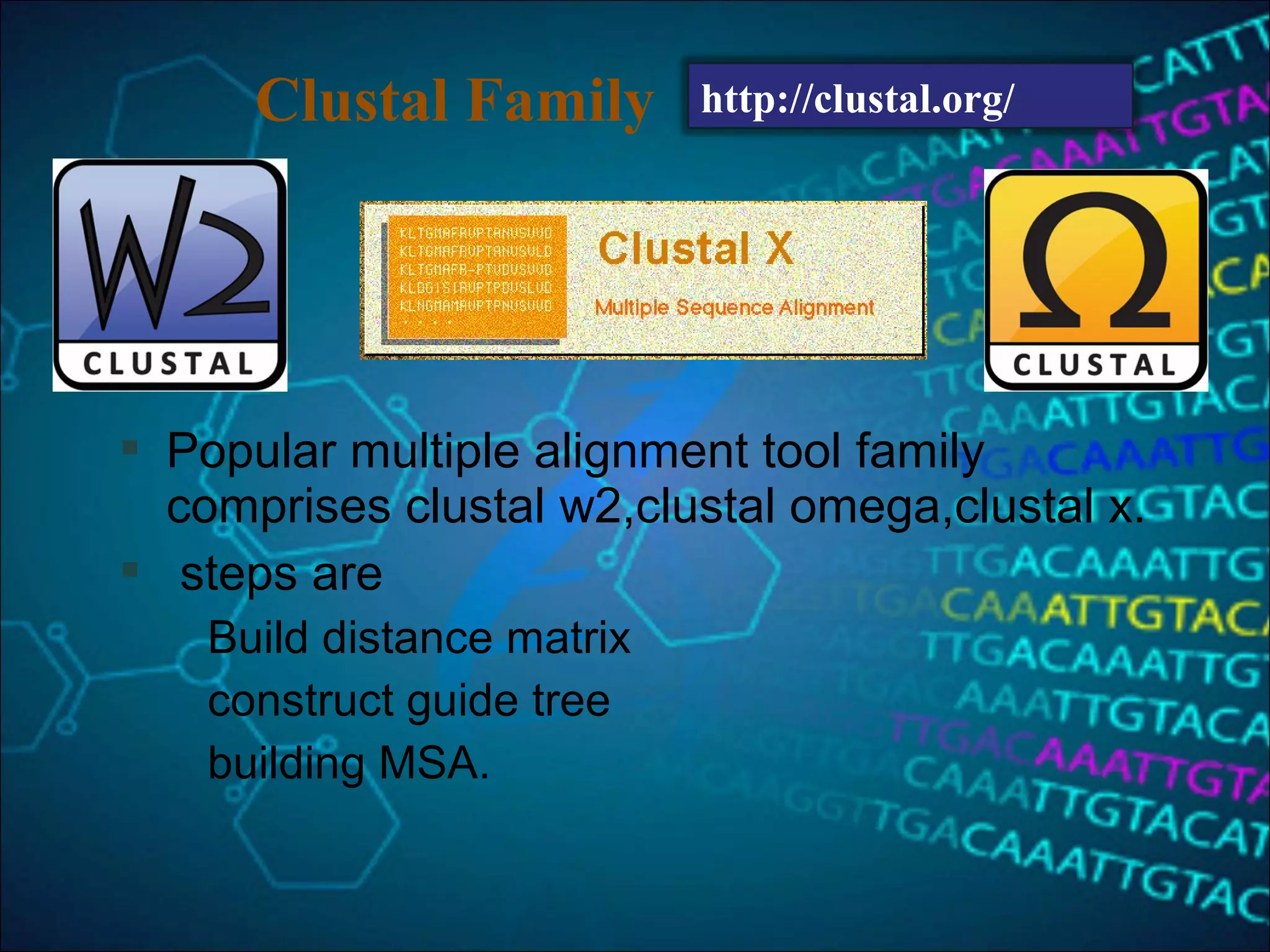  Popular multiple alignment tool family
comprises clustal w2,clustal omega,clustal x.
 steps are
Build distance matrix
construct guide tree
building MSA.
http://clustal.org/Clustal Family
 