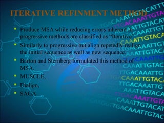 ITERATIVE REFINMENT METHOD
 Produce MSA while reducing errors inherent in
progressive methods are classified as “Iterative”.
 Similarly to progressive but align repetedly realign
the initial sequence as well as new sequence.
 Barton and Sternberg formulated this method of
MSA.
 MUSCLE,
 Dialign,
 SAGA
 