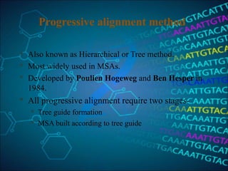 Progressive alignment method
 Also known as Hierarchical or Tree method.
 Most widely used in MSAs.
 Developed by Poulien Hogeweg and Ben Hesper in
1984.
 All progressive alignment require two stages-
 Tree guide formation
 MSA built according to tree guide
 