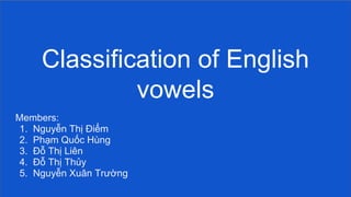 Classification of English
vowels
Members:
1. Nguyễn Thị Điểm
2. Phạm Quốc Hùng
3. Đỗ Thị Liên
4. Đỗ Thị Thủy
5. Nguyễn Xuân Trường
 