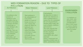 WED FORMATION REASON – DUE TO TYPES OF
POLLUTION
Air Pollution Water Pollution Land Pollution
ENVIRONMEN
T POLLUTION
Air pollution is the
presence of
substances in the
atmosphere that are
harmful to the health
of humans and other
living beings, or
cause damage to the
climate or to
materials. There are
many different types
of air pollutants,
such as gases,
particulates, and
biological molecules
Water pollution is
the contamination of
water bodies,
usually as a result of
human activities, in
such a manner that
negatively affects its
legitimate uses.
Water pollution
reduces the ability
of the body of water
to provide the
ecosystem services
that it would
otherwise provide.
Land pollution,
the deposition of solid or
liquid waste materials on
land or underground in a
manner that can contaminate
the soil and groundwater,
threaten public health, and
cause unsightly conditions
and nuisances.
The waste materials that
cause land pollution are
broadly classified
as municipal solid
waste (MSW, also called
municipal
refuse), construction and
demolition (C&D) waste or
debris, and hazardous waste.
A compilation of
AIR, LAND, AND
WATER CAUSES
ENVIRONMENT
POLLUTION which
is a serious situation
to be responsible for
and to be looked
into.
 