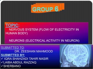 TOPIC:
NERVOUS SYSTEM (FLOW OF ELECTRICITY IN
HUMAN BODY)
NEURONS (ELECTRICAL ACTIVITY IN NEURON)
 