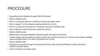 PROCEDURE
• Deparaffinize and rehydrate through 100%-70% alcohol
• Wash in distilled water
• Rinse in running tap water for 5-10mins to remove the yellow colour
• Stain in weigert’s ion hematoxylin working solution for 10 mins
• Rinse in running warm tap water for 10minutes and wash in distilled water
• Stain in Biebrich scarlet acid fuchsin solution for 10mins
• Wash in distilled water
• Differentiate in phosphomolybbdic-phosphotungstic acid solution 10-15mins
• Transfer sections directly without rinsing to aniline blue solution and stain for 5-15mins. Rinse briefly in distilled
water and differentiate in 1% acetic acid solution for 2-5mins
• Wash in distilled water
• Dehydrate very quickly through 95% ethyl alcohol (These step will wipe off Biebrich scarlet acid fuchsin
solution) and clear xylene
• Mount in Resinous mounting media
 