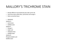 MALLORY’S TRICHROME STAIN
• Reveals different macromolecules that make up the cell
• Uses three stains aniline blue, acid fuchsin and orange G
• Stains connective tissue.
• REAGENTS
Solution A
• Acid fuchsin
• Distilled water
Solution C
• Orange G
• Oxalic acid
• Methylene blue
• Distilled water
Solution B
Phosphomolybdic acid
Distilled water
 