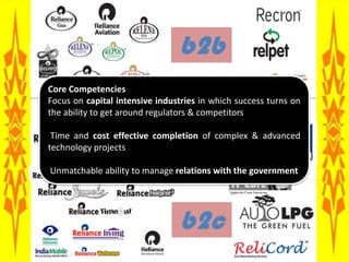b2bCore CompetenciesFocus on capital intensive industries in which success turns on the ability to get around regulators & competitors Time and cost effective completion of complex & advanced technology projects Unmatchable ability to manage relations with the governmentb2c