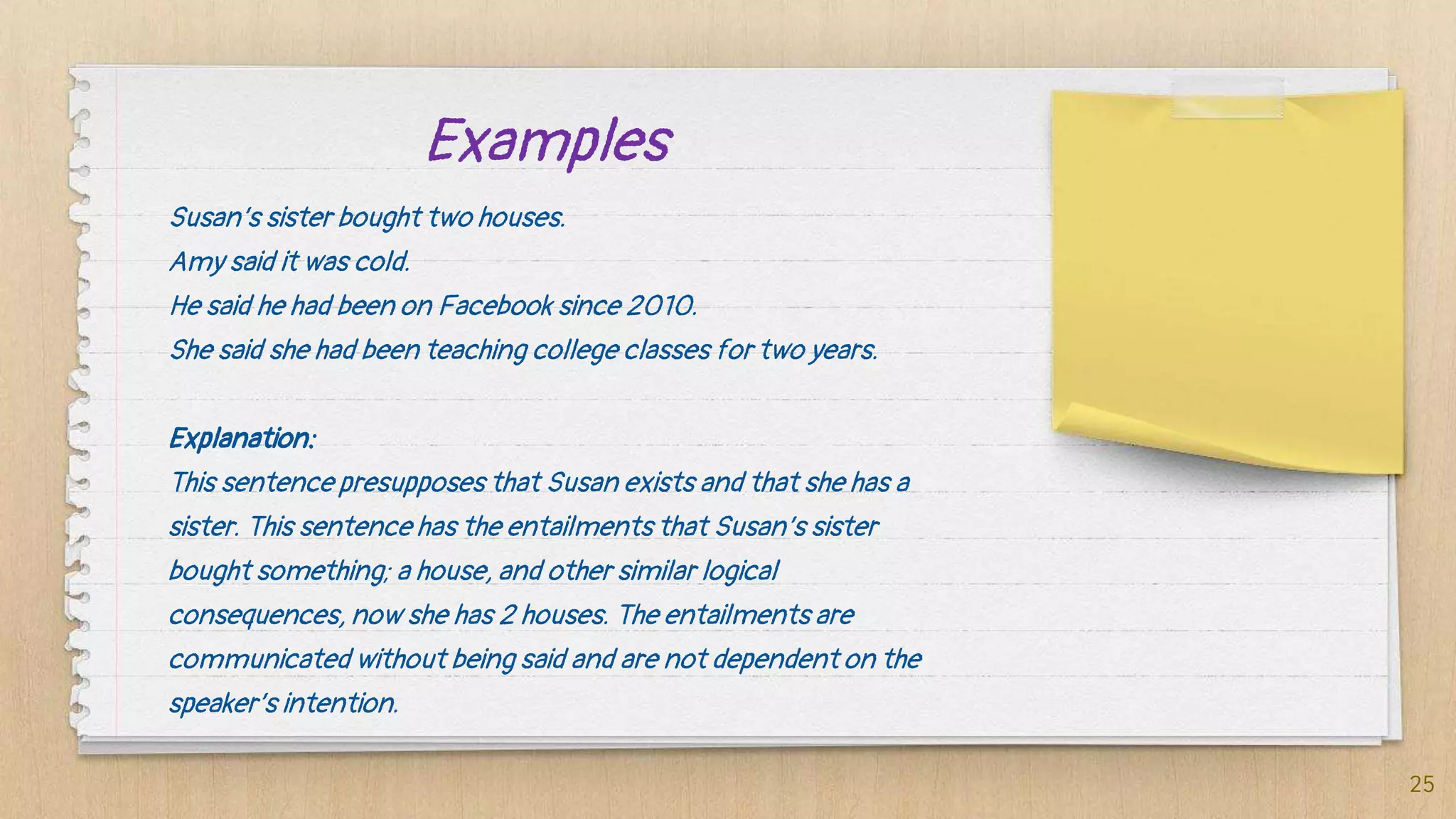 Examples
25
Susan’s sister bought two houses.
Amy said it was cold.
He said he had been on Facebook since 2010.
She said she had been teaching college classes for two years.
Explanation:
This sentence presupposes that Susan exists and that she has a
sister. This sentence has the entailments that Susan’s sister
bought something; a house, and other similar logical
consequences, now she has 2 houses. The entailments are
communicated without being said and are not dependent on the
speaker’s intention.
 