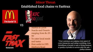 Minor Threat:
Established food chains vs Fasttrax
• Started in 2006
• Snacks and Deserts
ranging from Rs 29 –
90
• To cater local needs
and tastes
• First outlet in DPS
Mathura Road
VS
“ Your customers are judging every aspect of
every transaction and rating everything, from
friendliness of people to ease of doing business
to quality of product to service after the sale. .”
- Jeffrey Gitomer
 