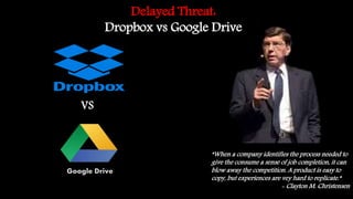 Delayed Threat:
Dropbox vs Google Drive
VS
“When a company identifies the process needed to
give the consume a sense of job completion, it can
blow away the competition. A product is easy to
copy, but experiences are vey hard to replicate.”
- Clayton M. Christensen
Google Drive
 