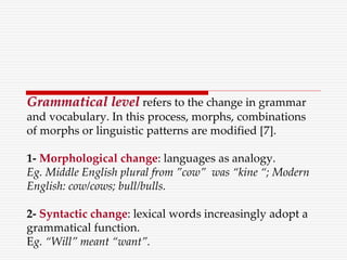 Grammatical level refers to the change in grammar
and vocabulary. In this process, morphs, combinations
of morphs or linguistic patterns are modified [7].
1- Morphological change: languages as analogy.
Eg. Middle English plural from ”cow” was “kine “; Modern
English: cow/cows; bull/bulls.
2- Syntactic change: lexical words increasingly adopt a
grammatical function.
Eg. “Will” meant “want”.
 