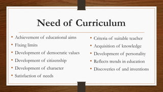 Need of Curriculum
• Achievement of educational aims
• Fixing limits
• Development of democratic values
• Development of citizenship
• Development of character
• Satisfaction of needs
• Criteria of suitable teacher
• Acquisition of knowledge
• Development of personality
• Reflects trends in education
• Discoveries of and inventions
 
