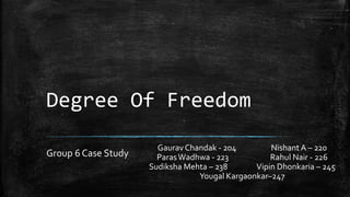 Degree Of Freedom
Group 6 Case Study
GauravChandak - 204 Nishant A – 220
ParasWadhwa - 223 Rahul Nair - 226
Sudiksha Mehta – 238 Vipin Dhonkaria – 245
Yougal Kargaonkar–247
 
