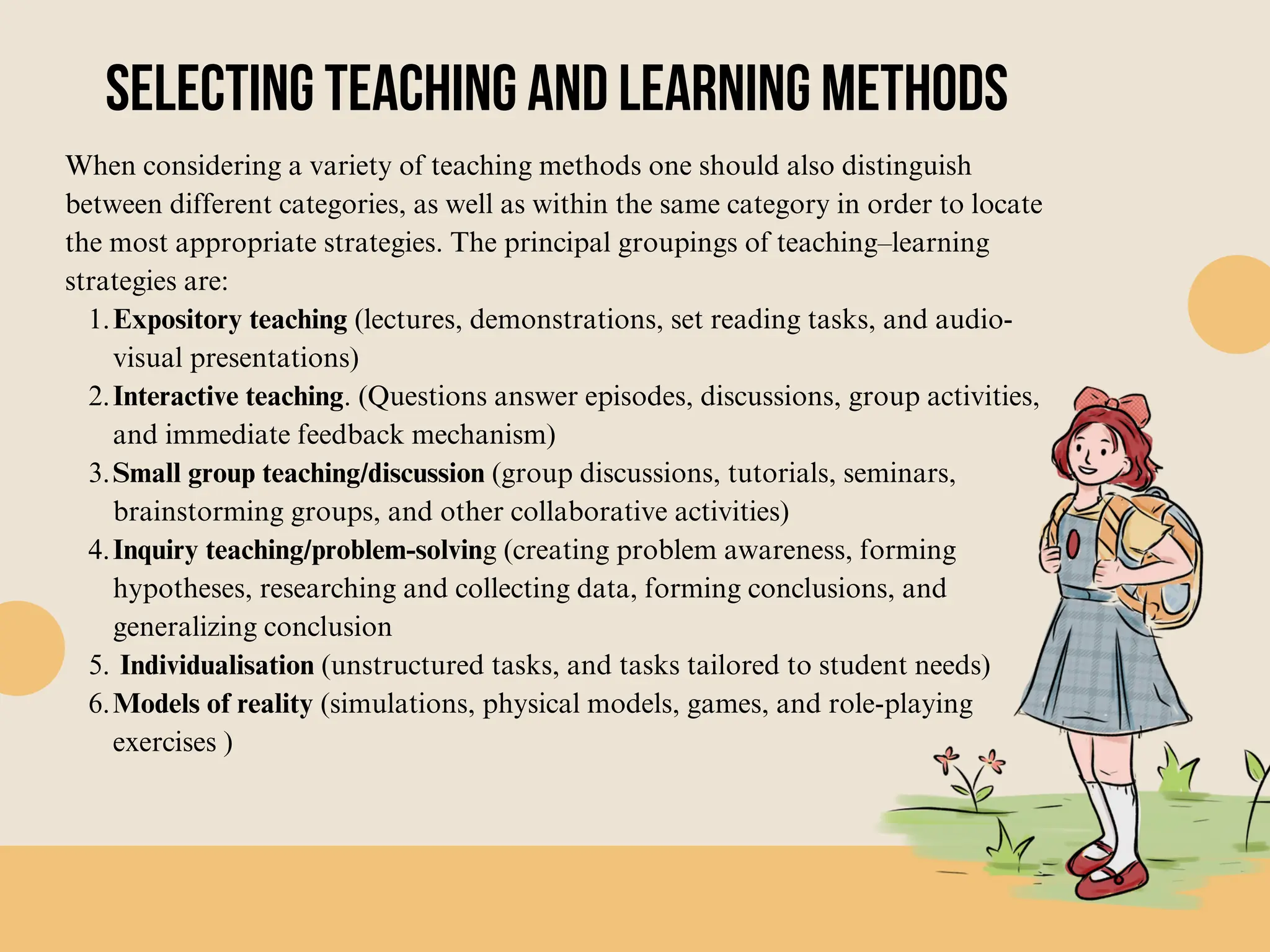 Selecting TEACHING AND LEARNING METHODs
When considering a variety of teaching methods one should also distinguish
between different categories, as well as within the same category in order to locate
the most appropriate strategies. The principal groupings of teaching–learning
strategies are:
Expository teaching (lectures, demonstrations, set reading tasks, and audio-
visual presentations)
1.
Interactive teaching. (Questions answer episodes, discussions, group activities,
and immediate feedback mechanism)
2.
Small group teaching/discussion (group discussions, tutorials, seminars,
brainstorming groups, and other collaborative activities)
3.
Inquiry teaching/problem-solving (creating problem awareness, forming
hypotheses, researching and collecting data, forming conclusions, and
generalizing conclusion
4.
Individualisation (unstructured tasks, and tasks tailored to student needs)
5.
Models of reality (simulations, physical models, games, and role-playing
exercises )
6.
 