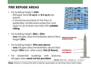 FIRE REFUGE AREAS
• For building height ≥ 24m
- Refugee area:15 sq.m or 0.3 sq.m per
person
- it should be provided of the floor or
preferably cantilevered projection and
open to air at least one side with suitable
railing.
• For building height: 24m – 39m
- one refugee area immediately above floor
height 24m.
• For building height: 39m and above
- one refugee area immediately above floor
height 39m and after every 15m (5 floors).
• For residential buildings with balcony,
refugee area need not be provided.
Note: Doors in horizontal exits shall be openable at all times from both sides.
Source: NBC,Part – 4,page no. – 31,(4.12).
 