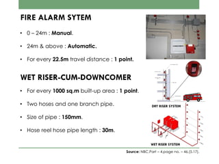 FIRE ALARM SYTEM
• 0 – 24m : Manual.
• 24m & above : Automatic.
• For every 22.5m travel distance : 1 point.
WET RISER-CUM-DOWNCOMER
• For every 1000 sq.m built-up area : 1 point.
• Two hoses and one branch pipe.
• Size of pipe : 150mm.
• Hose reel hose pipe length : 30m.
Source: NBC,Part – 4,page no. – 46,(5.17).
WET RISER SYSTEM
DRY RISER SYSTEM
 