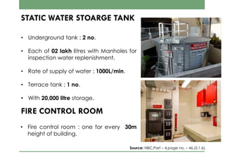 STATIC WATER STOARGE TANK
• Fire control room : one for every 30m
height of building.
FIRE CONTROL ROOM
• Underground tank : 2 no.
• Each of 02 lakh litres with Manholes for
inspection water replenishment.
• Rate of supply of water : 1000L/min.
• Terrace tank : 1 no.
• With 20,000 litre storage.
Source: NBC,Part – 4,page no. – 46,(5.1.6).
 
