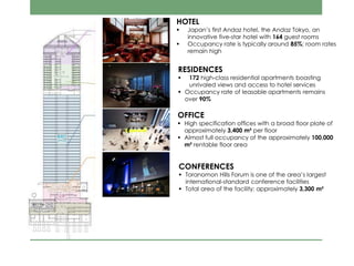 HOTEL
 Japan’s first Andaz hotel, the Andaz Tokyo, an
innovative five-star hotel with 164 guest rooms
 Occupancy rate is typically around 85%; room rates
remain high
RESIDENCES
 172 high-class residential apartments boasting
unrivaled views and access to hotel services
 Occupancy rate of leasable apartments remains
over 90%
OFFICE
 High specification offices with a broad floor plate of
approximately 3,400 m² per floor
 Almost full occupancy of the approximately 100,000
m² rentable floor area
CONFERENCES
 Toranomon Hills Forum is one of the area’s largest
international-standard conference facilities
 Total area of the facility: approximately 3,300 m²
 