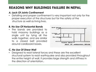 REASONS WHY BUILDINGS FAILURE IN NEPAL
A. Lack Of Joints Confinement
• Detailing and proper confinement is very important not only for the
proper execution of the structures but for the safety of the
structure as well as living lives.
B. No Use Of Horizontal Bands
• The bands are provided to
hold masonry buildings as a
single unit by tying all the
walls together, and are similar
to a closed belt provided
around cardboard boxes.
C. No Use Of Shear Wall
• Designed to resist lateral forces and these are the excellent
structural system to resist earthquake and also provided throughout
the entire height of wall. It provides large strength and stiffness in
the direction of orientation..
 