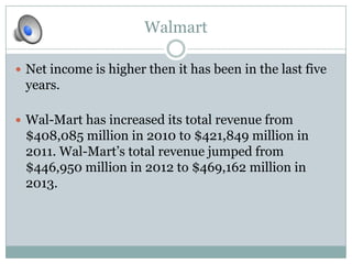 Walmart
 Net income is higher then it has been in the last five

years.
 Wal-Mart has increased its total revenue from

$408,085 million in 2010 to $421,849 million in
2011. Wal-Mart’s total revenue jumped from
$446,950 million in 2012 to $469,162 million in
2013.

 