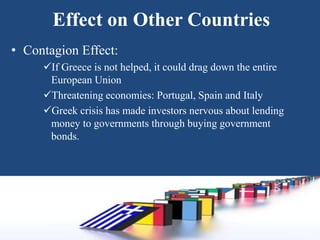 Effect on Other Countries
• Contagion Effect:
If Greece is not helped, it could drag down the entire
European Union
Threatening economies: Portugal, Spain and Italy
Greek crisis has made investors nervous about lending
money to governments through buying government
bonds.
11
 