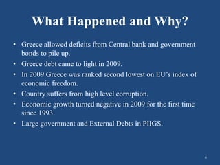 What Happened and Why?
• Greece allowed deficits from Central bank and government
bonds to pile up.
• Greece debt came to light in 2009.
• In 2009 Greece was ranked second lowest on EU’s index of
economic freedom.
• Country suffers from high level corruption.
• Economic growth turned negative in 2009 for the first time
since 1993.
• Large government and External Debts in PIIGS.
6
 