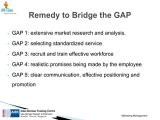 •

GAP 1: extensive market research and analysis.

•

GAP 2: selecting standardized service

•

GAP 3: recruit and train effective workforce

•

GAP 4: realistic promises being made by the employee

•

GAP 5: clear communication, effective positioning and
promotion

Marketing Management

 