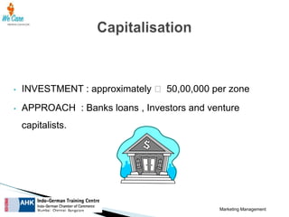 •

INVESTMENT : approximately ₹ 50,00,000 per zone

•

APPROACH : Banks loans , Investors and venture

capitalists.

Marketing Management

 