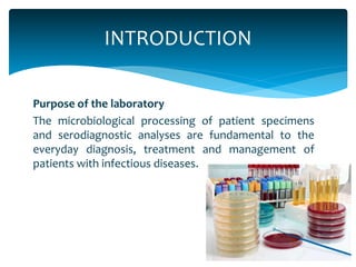 INTRODUCTION
Purpose of the laboratory
The microbiological processing of patient specimens
and serodiagnostic analyses are fundamental to the
everyday diagnosis, treatment and management of
patients with infectious diseases.
 