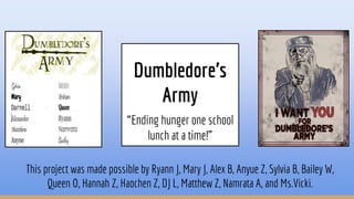 Dumbledore’s
Army
“Ending hunger one school
lunch at a time!”
This project was made possible by Ryann J, Mary J, Alex B, Anyue Z, Sylvia B, Bailey W,
Queen O, Hannah Z, Haochen Z, DJ L, Matthew Z, Namrata A, and Ms.Vicki.
 