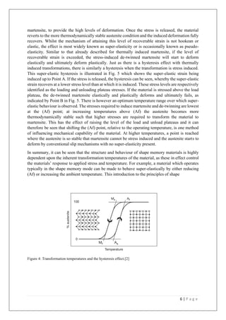 6 | P a g e
martensite, to provide the high levels of deformation. Once the stress is released, the material
reverts to the more thermodynamically stable austenite condition and the induced deformation fully
recovers. Whilst the mechanism of attaining this level of recoverable strain is not hookean or
elastic, the effect is most widely known as super-elasticity or is occasionally known as pseudo-
elasticity. Similar to that already described for thermally induced martensite, if the level of
recoverable strain is exceeded, the stress-induced de-twinned martensite will start to deform
elastically and ultimately deform plastically. Just as there is a hysteresis effect with thermally
induced transformations, there is similarly a hysteresis when the transformation is stress induced.
This super-elastic hysteresis is illustrated in Fig. 5 which shows the super-elastic strain being
induced up to Point A. If the stress is released, the hysteresis can be seen, whereby the super-elastic
strain recovers at a lower stress level than at which it is induced. These stress levels are respectively
identified as the loading and unloading plateau stresses. If the material is stressed above the load
plateau, the de-twinned martensite elastically and plastically deforms and ultimately fails, as
indicated by Point B in Fig. 5. There is however an optimum temperature range over which super-
elastic behaviour is observed. The stresses required to induce martensite and de-twinning are lowest
at the (Af) point; at increasing temperatures above (Af) the austenite becomes more
thermodynamically stable such that higher stresses are required to transform the material to
martensite. This has the effect of raising the level of the load and unload plateaus and it can
therefore be seen that shifting the (Af) point, relative to the operating temperature, is one method
of influencing mechanical capability of the material. At higher temperatures, a point is reached
where the austenite is so stable that martensite cannot be stress induced and the austenite starts to
deform by conventional slip mechanisms with no super-elasticity present.
In summary, it can be seen that the structure and behaviour of shape memory materials is highly
dependent upon the inherent transformation temperatures of the material, as these in effect control
the materials’ response to applied stress and temperature. For example, a material which operates
typically in the shape memory mode can be made to behave super-elastically by either reducing
(Af) or increasing the ambient temperature. This introduction to the principles of shape
Figure 4: Transformation temperatures and the hysteresis effect.[2]
 