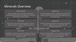 Iodine (I)
Zinc (Zn)
Minerals Overview
Chlorine (Cl) Sulfur (S)
Found in iodized salt and fish, necessary for thyroid
function. Deficiency can cause goiter and
developmental issues.
Copper (Cu)
Iron (Fe)
Sources include shellfish, nuts, and seeds. Important
for iron metabolism and cardiovascular health.
Deficiency may lead to fatigue.
Sources include meat, fish, and legumes. Crucial for
protein synthesis and detoxification. Deficiency can
cause joint pain.
Found in table salt and seaweed, essential for
maintaining fluid balance and digestion. Deficiency
may lead to muscle cramps.
Available in meat, nuts, and dairy. Supports immune
function and wound healing. Deficiency can affect
taste and smell.
Rich sources are red meat and spinach, vital for
oxygen transport in blood. Deficiency leads to
anemia.
 