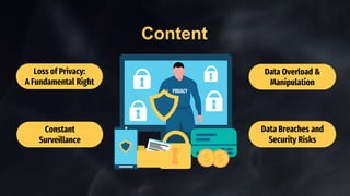 Content
Loss of Privacy:
A Fundamental Right
Data Overload &
Manipulation
Constant
Surveillance
Data Breaches and
Security Risks
 