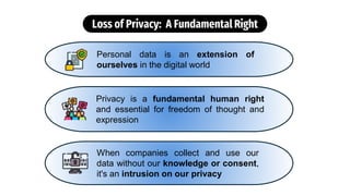 Privacy is a fundamental human right
and essential for freedom of thought and
expression
Personal data is an extension of
ourselves in the digital world
When companies collect and use our
data without our knowledge or consent,
it's an intrusion on our privacy
Loss of Privacy: A Fundamental Right
 