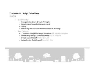 Commercial	
  Design	
  Guidelines	
  
ExisFng	
  
        •     Guidelines	
  for	
  
               – 	
  	
  	
  IncorporaFng	
  Smart	
  Growth	
  Principles	
  
               – 	
  	
  	
  CreaFng	
  a	
  cohesive	
  built	
  environment	
  
               – 	
  	
  	
  Safety	
  
               – 	
  	
  	
  Enhancing	
  the	
  Business	
  of	
  the	
  Commercial	
  Buildings	
  
        •     Best	
  PracFces	
  
               – 	
  	
  	
  	
  Commercial	
  Citywide	
  Design	
  Guidelines	
  of	
  City	
  of	
  Los	
  Angeles	
  
               – 	
  	
  	
  Community	
  Design	
  Guidelines	
  of	
  the	
  City	
  of	
  Portland	
  
               – 	
  	
  	
  Design	
  Guidelines	
  of	
  Washington,	
  DC	
  
               – 	
  	
  	
  AcFve	
  Design	
  Guidelines	
  of	
  New	
  York	
  City	
  
 