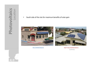 Photovoltaics	
  
              LocaFon	
  
                            •    South	
  side	
  of	
  the	
  site	
  for	
  maximum	
  beneﬁts	
  of	
  solar	
  gain	
  




                                              RECOMMENDED	
                                                    NOT	
  RECOMMENDED	
  
                                                                                                                          (enFrely)	
  
 