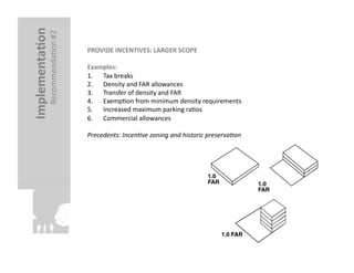 Implementa?on	
  
               RecommendaFon	
  #2	
     PROVIDE	
  INCENTIVES:	
  LARGER	
  SCOPE	
  

                                         Examples:	
  
                                         1.  Tax	
  breaks	
  
                                         2.  Density	
  and	
  FAR	
  allowances	
  
                                         3.  Transfer	
  of	
  density	
  and	
  FAR	
  
                                         4.  ExempFon	
  from	
  minimum	
  density	
  requirements	
  
                                         5.  Increased	
  maximum	
  parking	
  raFos	
  
                                         6.  Commercial	
  allowances	
  

                                         Precedents:	
  Incen<ve	
  zoning	
  and	
  historic	
  preserva<on	
  
 