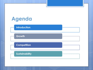 Agenda
 Introduction


 Growth


 Competition


 Sustainability
 
