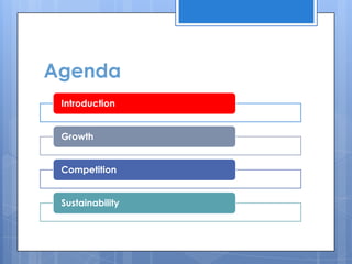 Agenda
 Introduction


 Growth


 Competition


 Sustainability
 