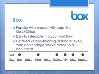 Box
 Popular  with productivity apps like
  QuickOffice
 Easy to integrate into your workflow
 Detailed version-tracking, a feed of every
  sync and change you've made to a
  document
 