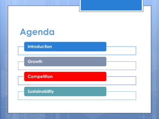 Agenda
 Introduction


 Growth


 Competition


 Sustainability
 