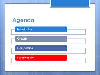 Agenda
 Introduction


 Growth


 Competition


 Sustainability
 