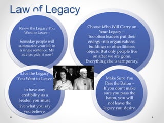 Law of Legacy
Choose Who Will Carry on
Your Legacy –
Too often leaders put their
energy into organizations,
buildings or other lifeless
objects. But only people live
on after we are gone.
Everything else is temporary.
Know the Legacy You
Want to Leave –
Someday people will
summarize your life in
a single sentence. My
advice: pick it now!
Live the Legacy
You Want to Leave
–
to have any
credibility as a
leader, you must
live what you say
you believe.
Make Sure You
Pass the Baton –
If you don’t make
sure you pass the
baton, you will
not leave the
legacy you desire.
 