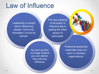 Law of Influence
Positional leadership
especially does not
work in voluntary
organizations.
Leadership is simply
about influencing
people. Cannot be
mandated. It must be
earned.
The very essence
of all power to
influence lies in
getting the other
person to
participate.
As soon as they
no longer believe
you can deliver,
they will stop
following.
 