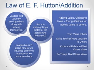 Law of E. F. Hutton/Addition
Leaders add
value by
serving others
along with
serving
themselves.
Adding Value, Changing
Lives – four guidelines for
adding value to others.
Truly Value Others
Make Yourself More Valuable
To Others
Know and Relate to What
Others Value
Do Things That Others Value
Leadership isn’t
about how far we
advance ourselves
but how far we
advance others.
Are you
making things
better for the
people who
follow you?
 