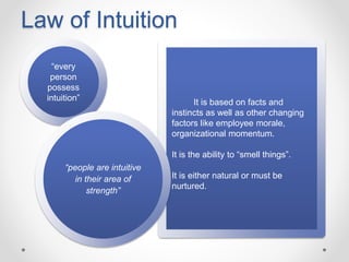 Law of Intuition
“every
person
possess
intuition” It is based on facts and
instincts as well as other changing
factors like employee morale,
organizational momentum.
It is the ability to “smell things”.
It is either natural or must be
nurtured.
“people are intuitive
in their area of
strength”
 