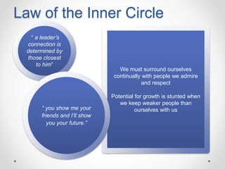 Law of the Inner Circle
“ a leader’s
connection is
determined by
those closest
to him”
We must surround ourselves
continually with people we admire
and respect
Potential for growth is stunted when
we keep weaker people than
ourselves with us“ you show me your
friends and I’ll show
you your future.”
 