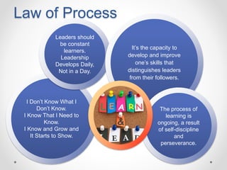 Law of Process
I Don’t Know What I
Don’t Know.
I Know That I Need to
Know.
I Know and Grow and
It Starts to Show.
Leaders should
be constant
learners.
Leadership
Develops Daily,
Not in a Day.
It’s the capacity to
develop and improve
one’s skills that
distinguishes leaders
from their followers.
The process of
learning is
ongoing, a result
of self-discipline
and
perseverance.
 