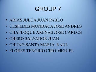 GROUP 7
•   ARIAS JULCA JUAN PABLO
•   CESPEDES MUNDACA JOSE ANDRES
•   CHAFLOQUE ARENAS JOSE CARLOS
•   CHERO SALVADOR JUAN
•   CHUNG SANTA MARIA RAUL
•   FLORES TENORIO CIRO MIGUEL
 